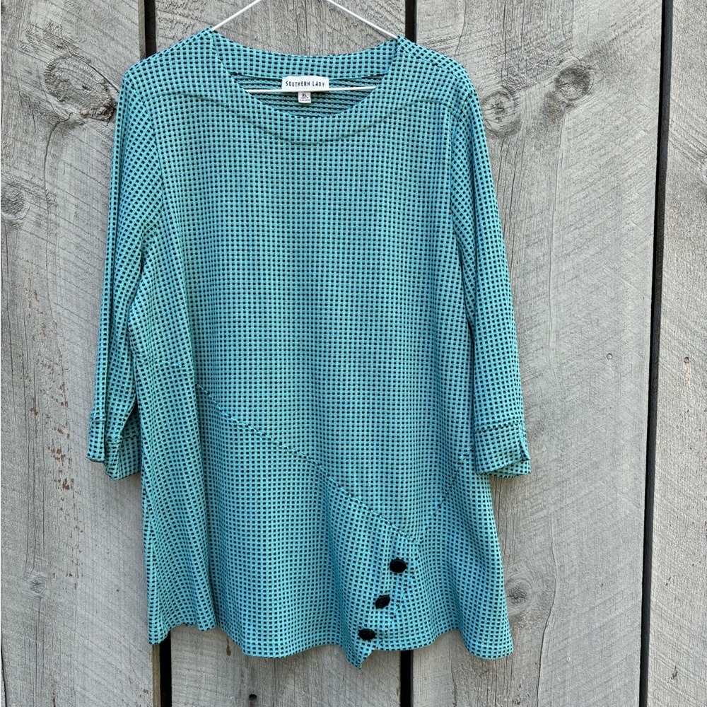 Southern Lady Teal Checked 3/4-Sleeve Tunic Top with Decorative Buttons Size XL